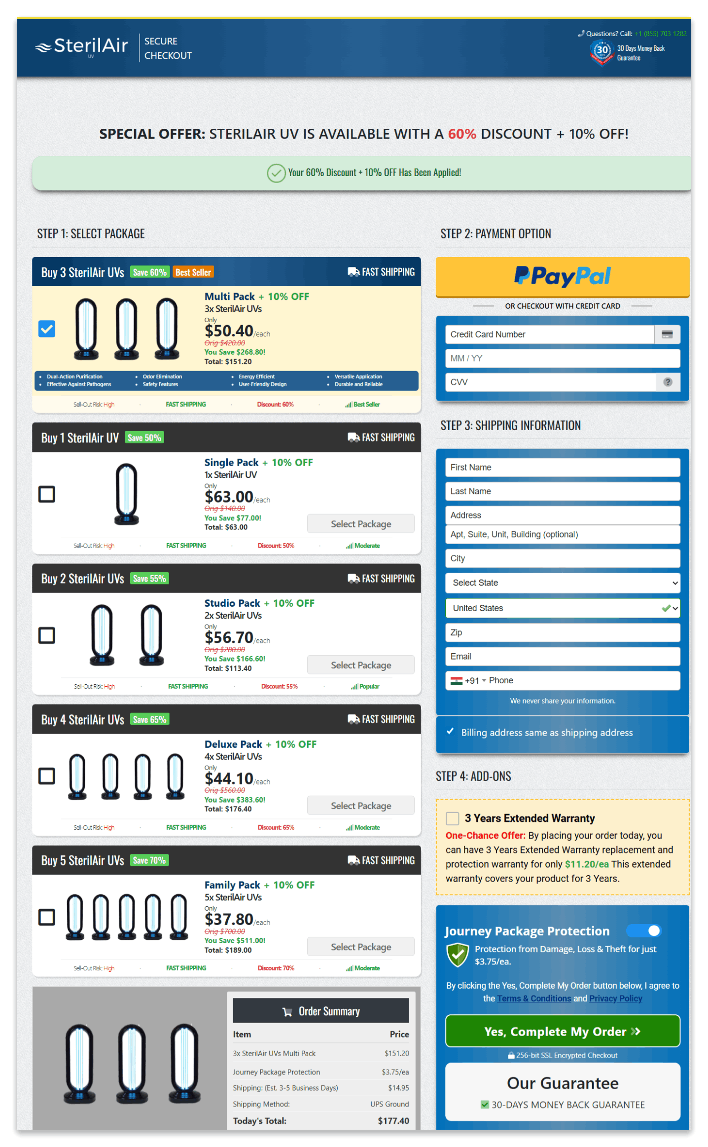 SterilAir UV Lamp secure checkout page